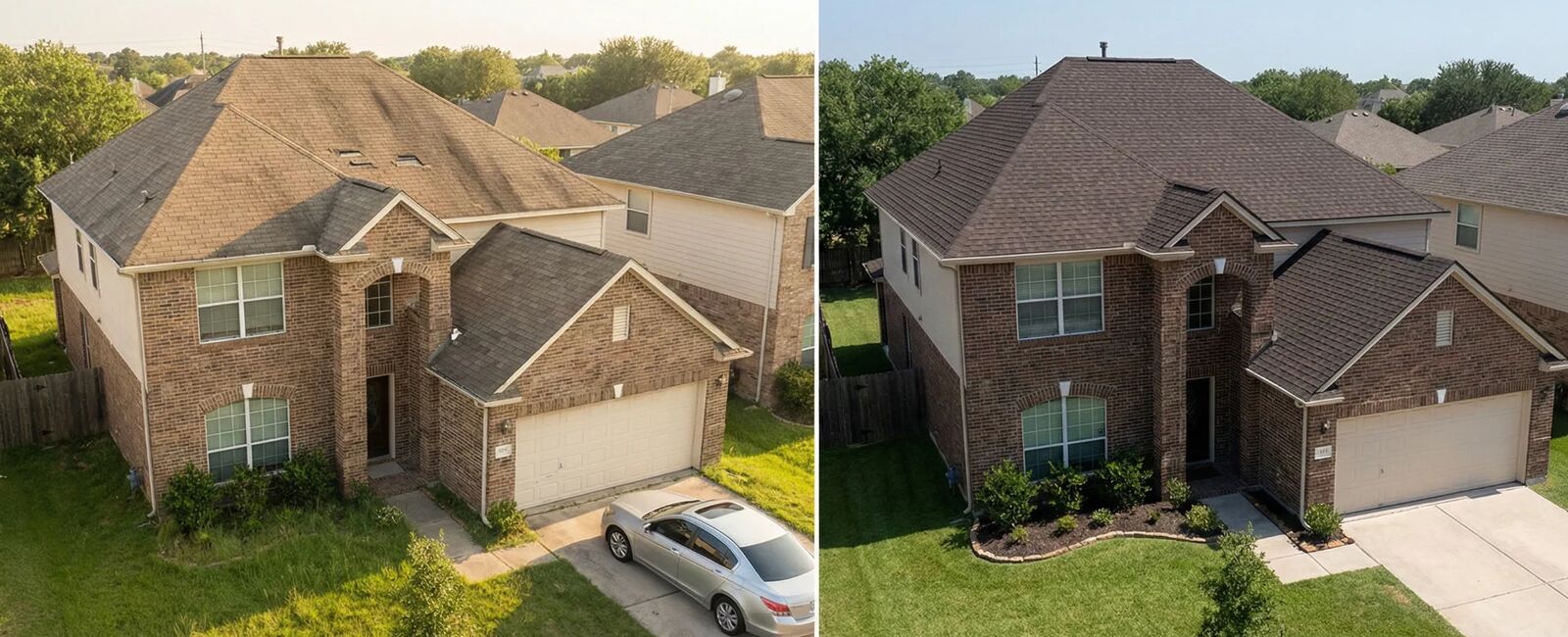 Complete Reroof in Sugar Land, TX, before and after