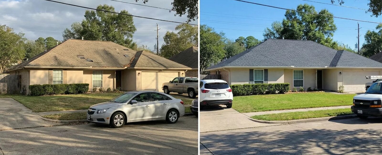 Shingle Replacement in Pearland, TX, before and after